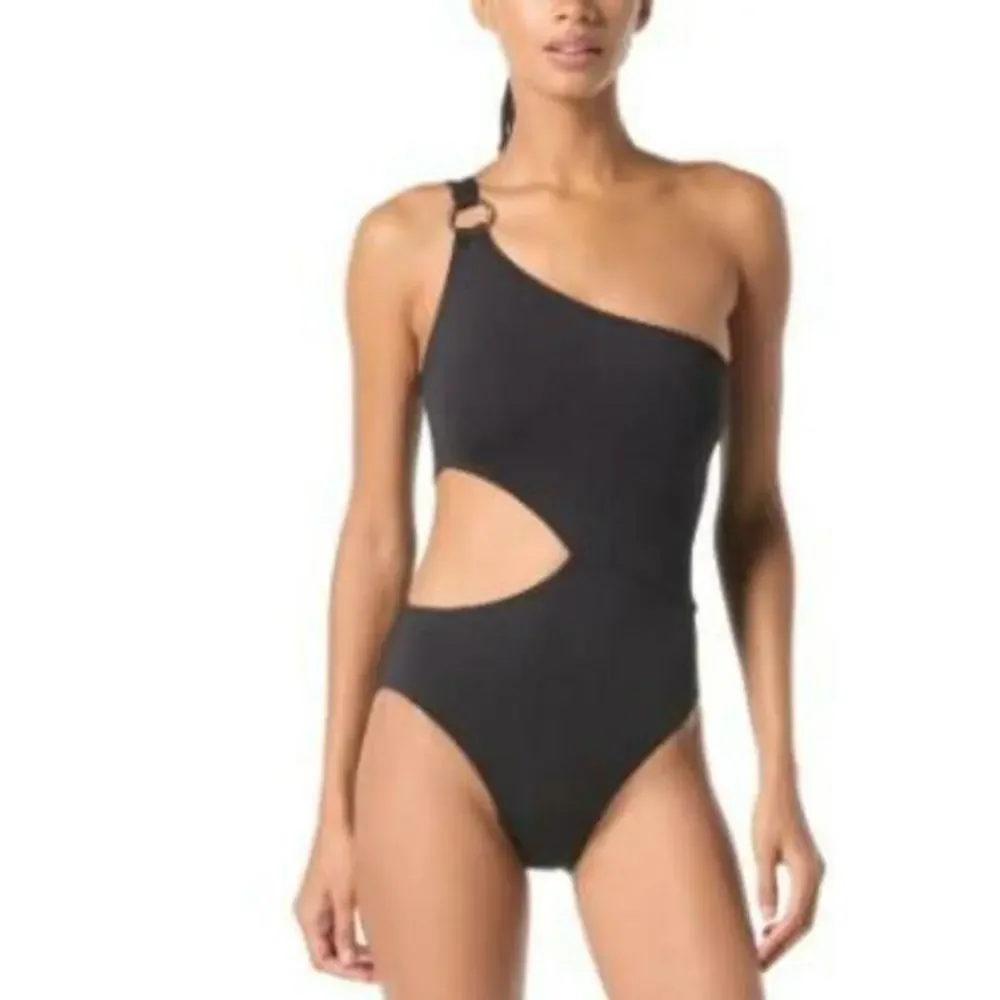 MICHAEL Michael Kors Black One Shoulder One Piece Swimsuit Silver Hardware 4